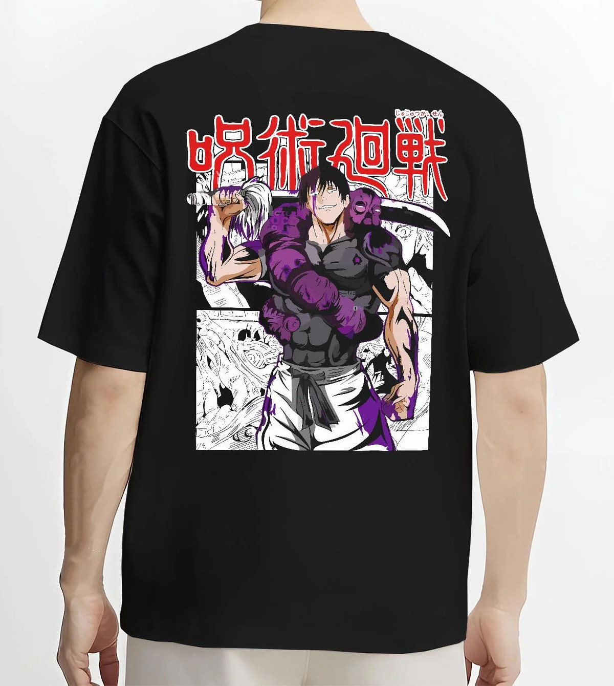 Black T-shirt worn by male model from the back featuring Toji Fushiguro Heavenly Restriction Jujutsu Kaisen artwork.