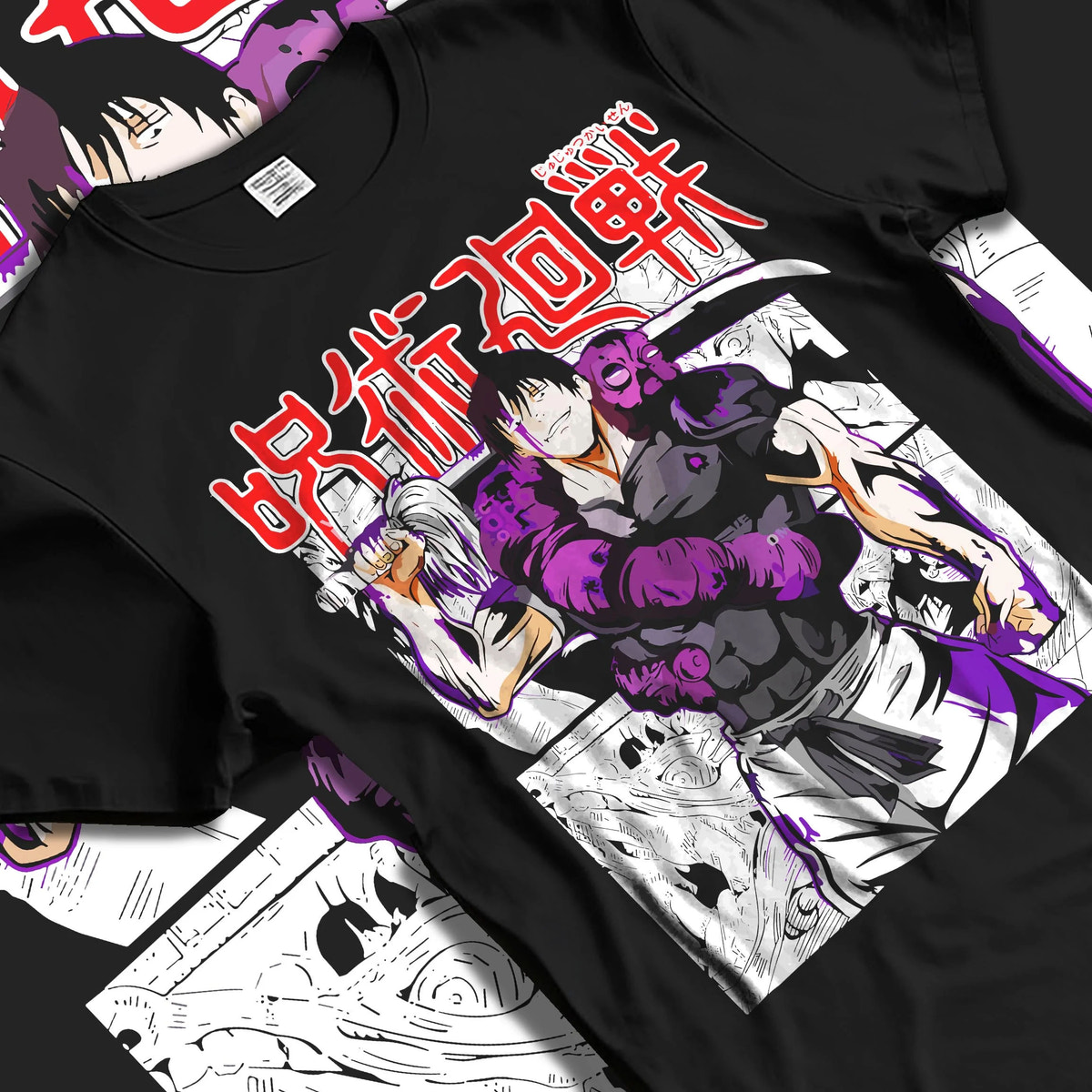 Black T-shirt laid flat with natural folds featuring Toji Fushiguro Heavenly Restriction Jujutsu Kaisen artwork.