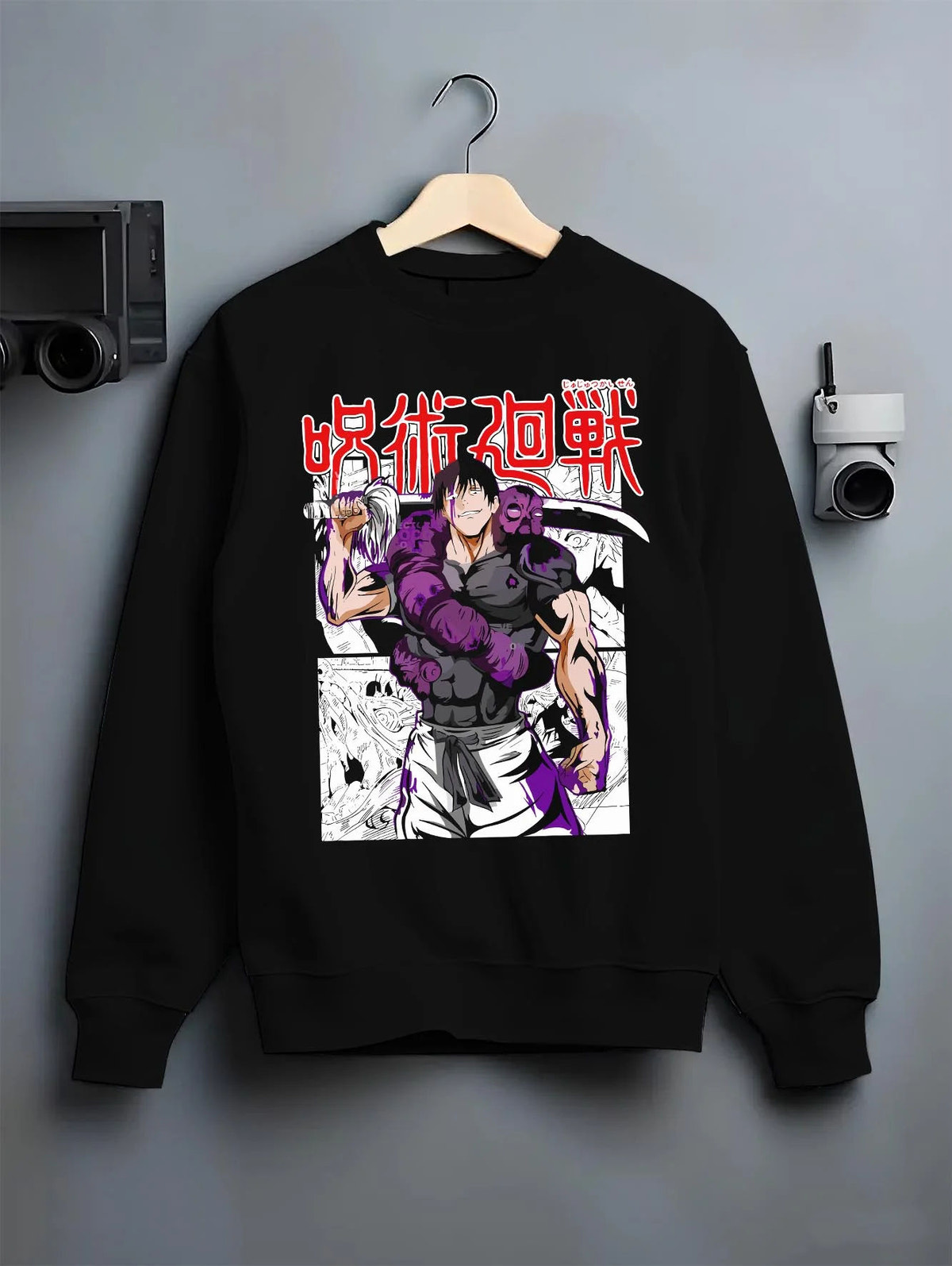 Black crewneck sweatshirt on hanger featuring Toji Fushiguro Heavenly Restriction Jujutsu Kaisen artwork.
