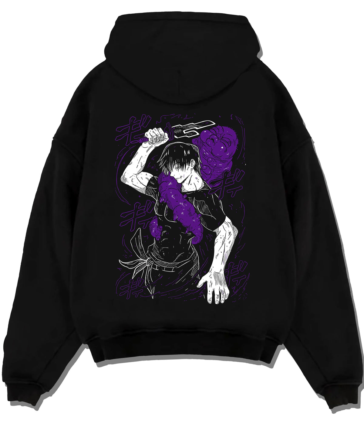 Black hoodie flat back view showing Toji Fushiguro from Jujutsu Kaisen: sword pose in purple