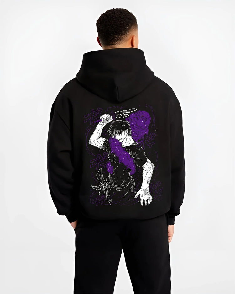 Black hoodie model back view showing Toji Fushiguro from Jujutsu Kaisen: sword pose in purple