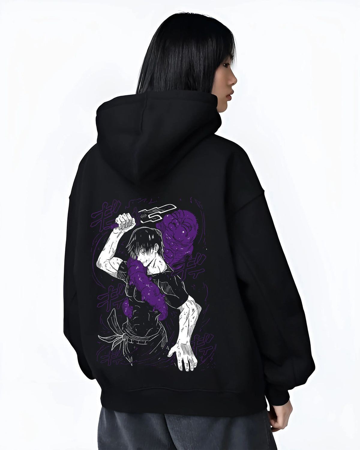 Black hoodie female model back view showing Toji Fushiguro from Jujutsu Kaisen: sword pose in purple