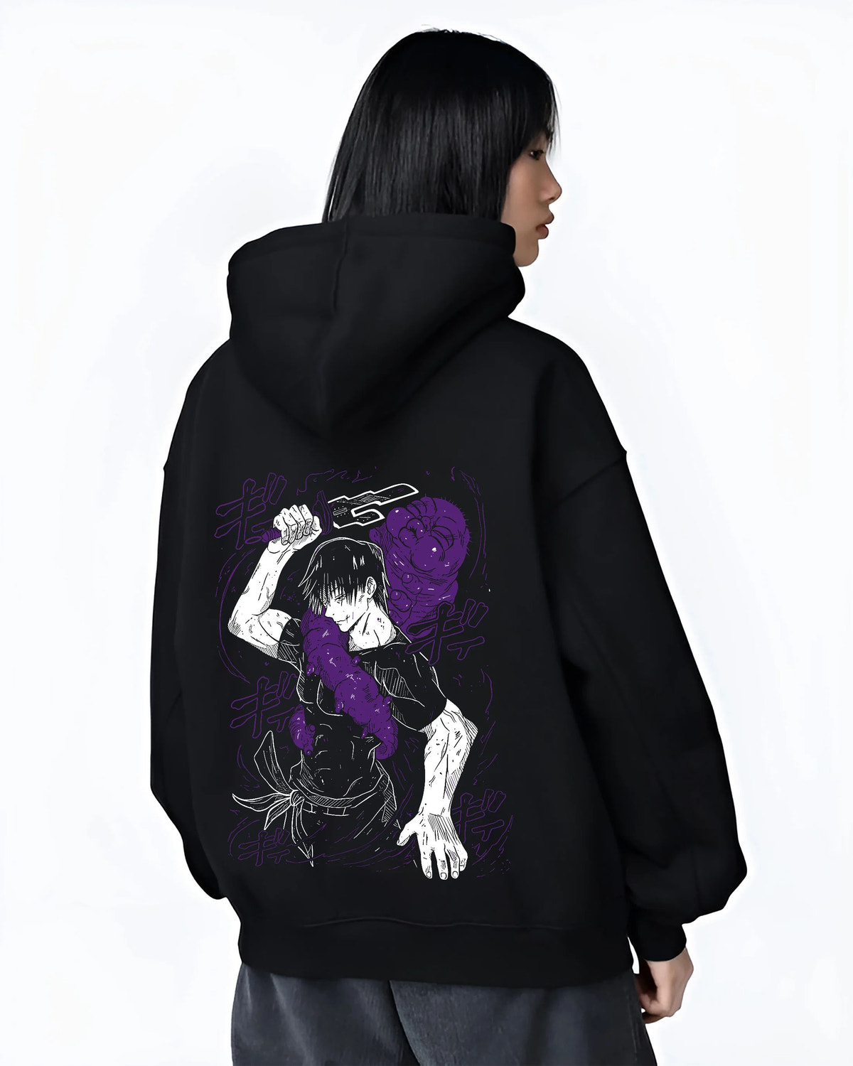 Black hoodie female model back view showing Toji Fushiguro from Jujutsu Kaisen: sword pose in purple