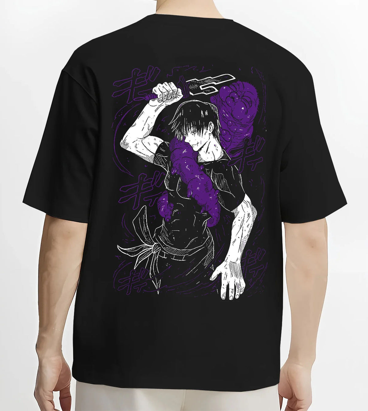 Black T-shirt model back view showing Toji Fushiguro from Jujutsu Kaisen: sword pose in purple