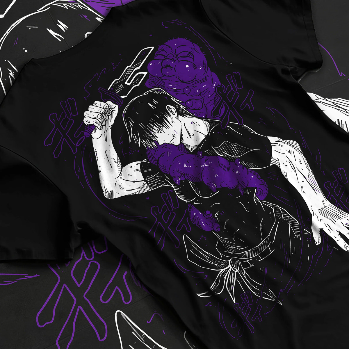 Black T-shirt flat back view showing Toji Fushiguro from Jujutsu Kaisen: sword pose in purple