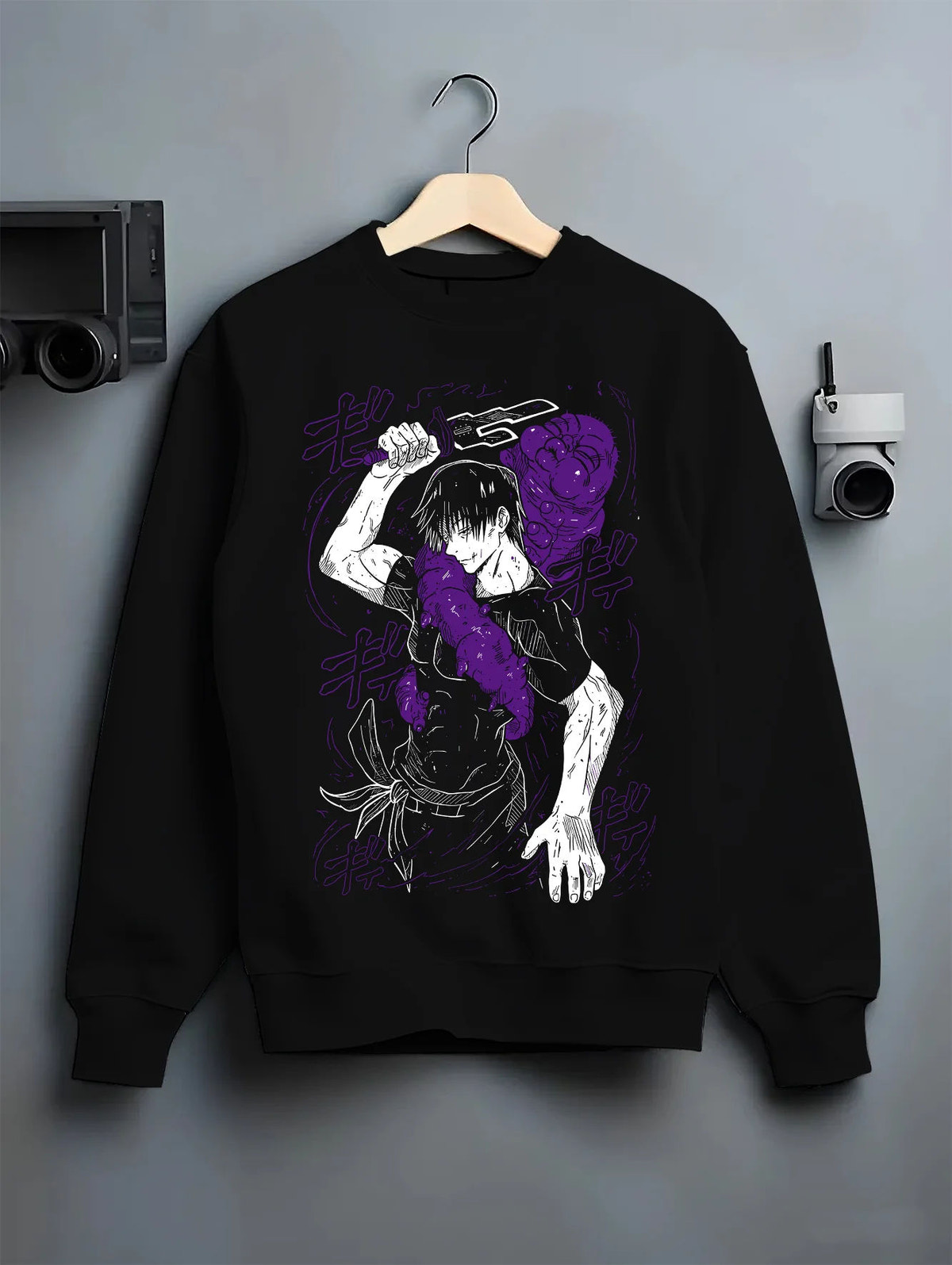 Black crewneck sweatshirt on hanger showing Toji Fushiguro from Jujutsu Kaisen: sword pose in purple