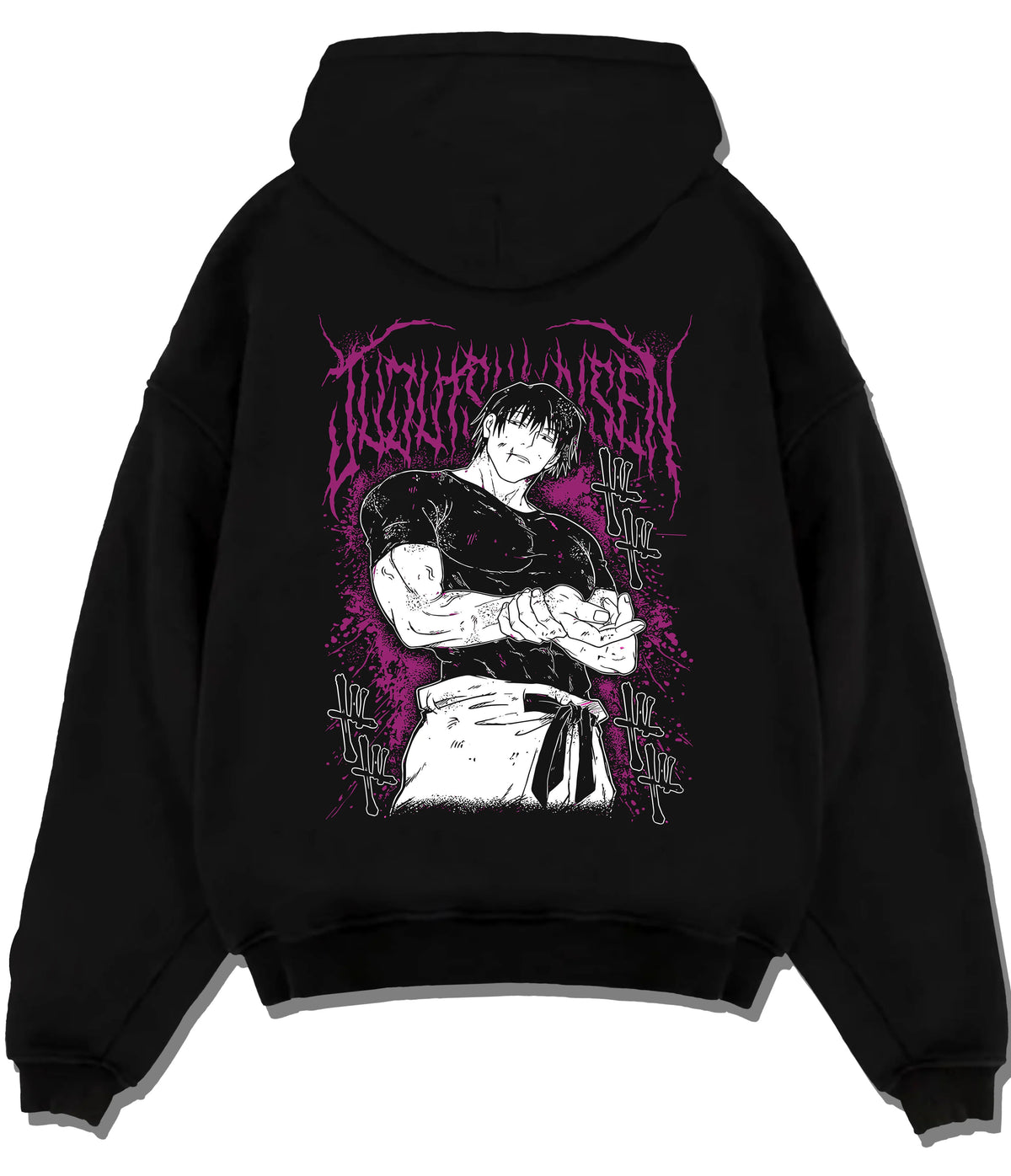 Black hoodie flat back view showing Toji Fushiguro from Jujutsu Kaisen: combat stance