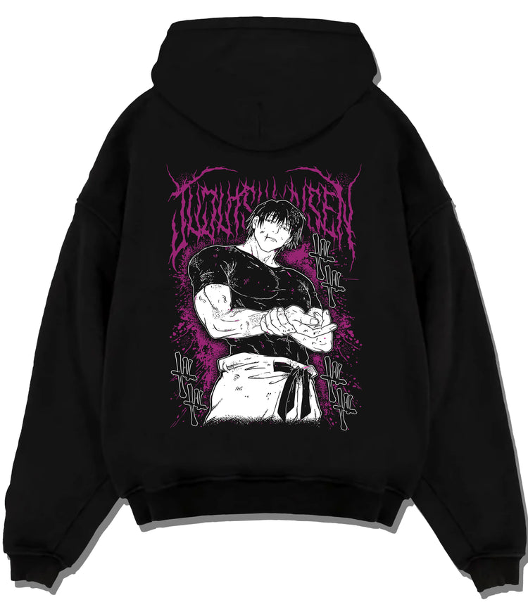 Black hoodie flat back view showing Toji Fushiguro from Jujutsu Kaisen: combat stance