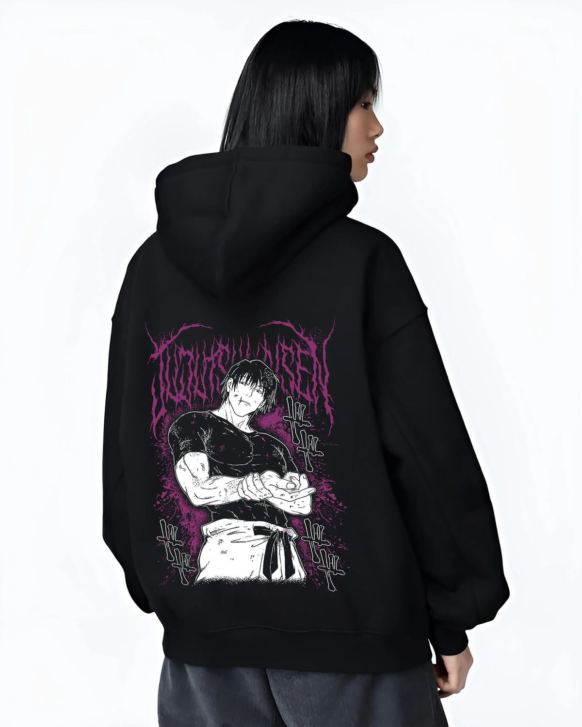 Black hoodie female model back view showing Toji Fushiguro from Jujutsu Kaisen: combat stance