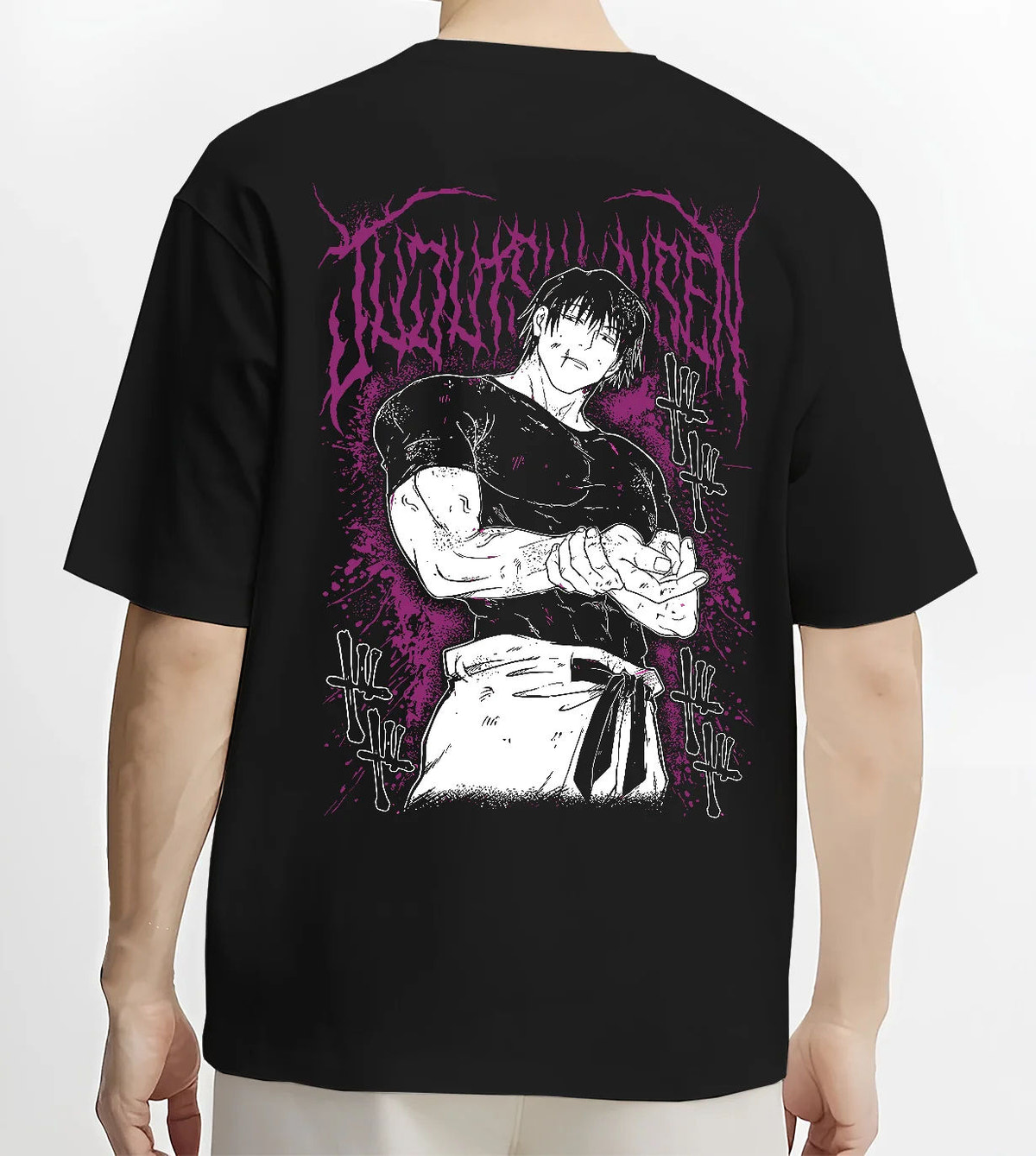 Black T-shirt model back view showing Toji Fushiguro from Jujutsu Kaisen: combat stance