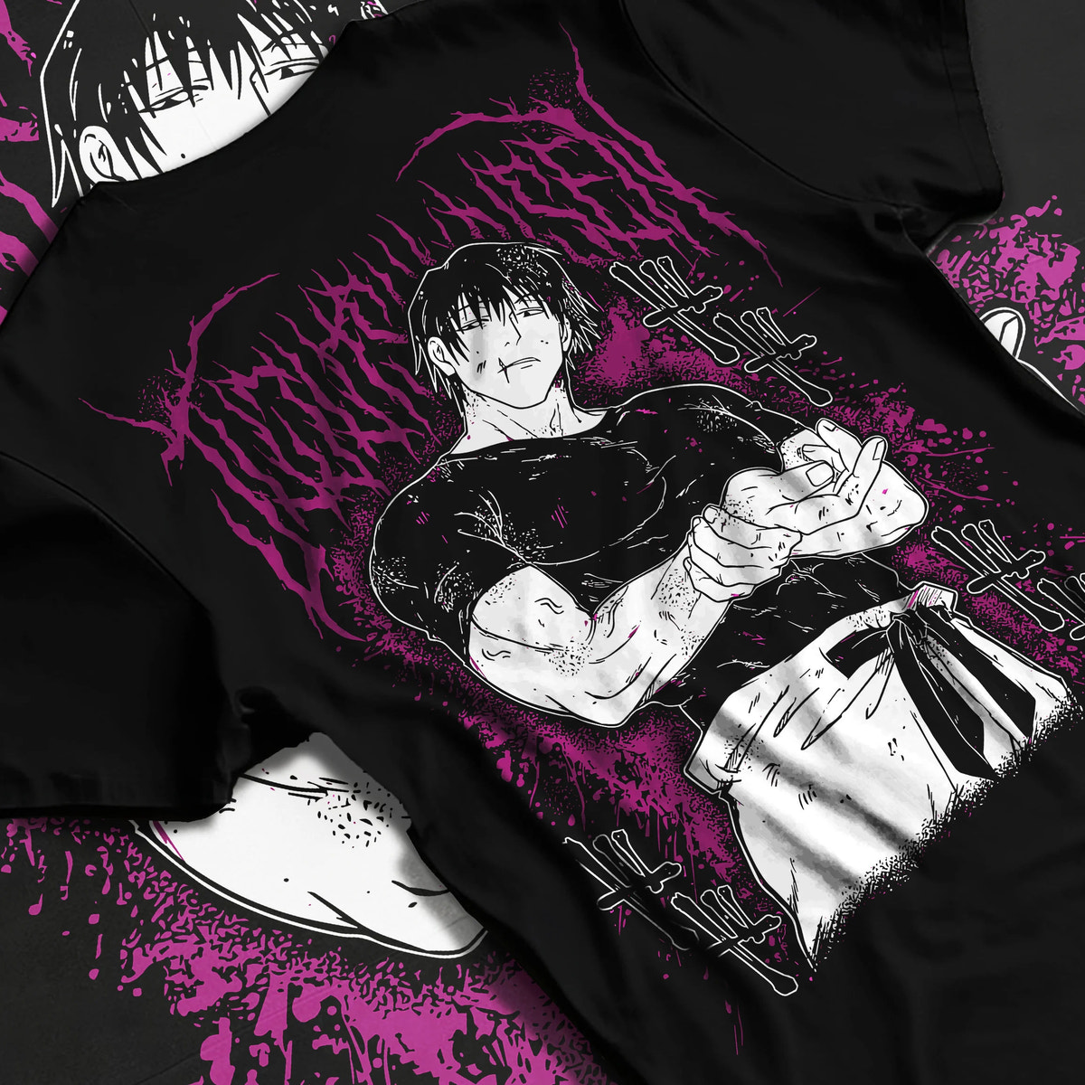 Black T-shirt flat back view showing Toji Fushiguro from Jujutsu Kaisen: combat stance