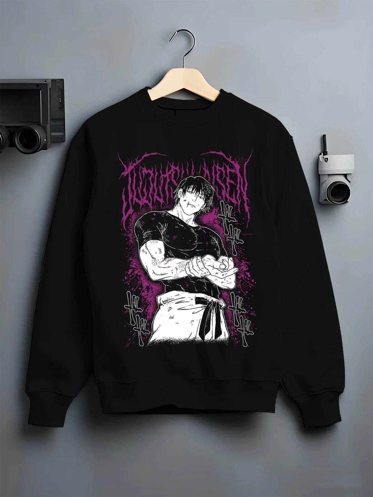 Black crewneck sweatshirt on hanger showing Toji Fushiguro from Jujutsu Kaisen: combat stance