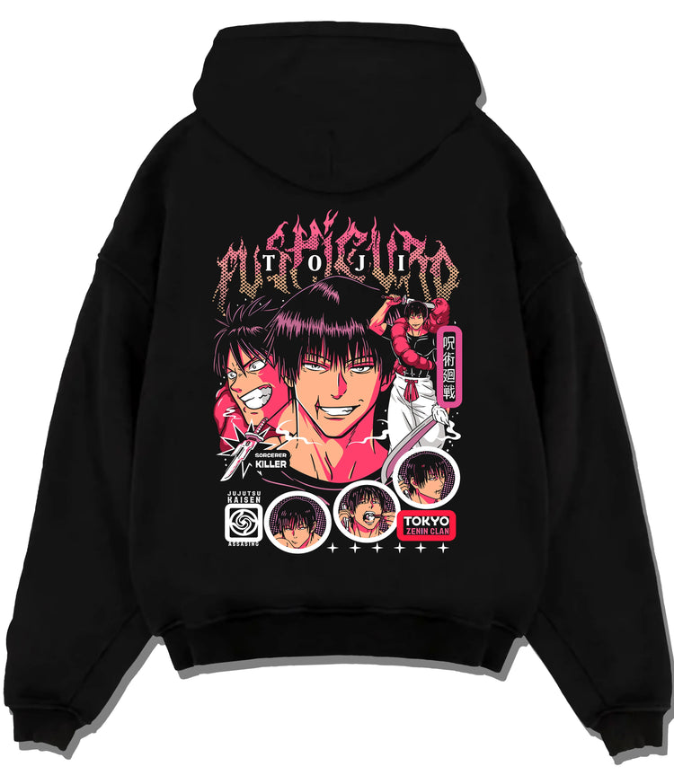 Black hoodie flat back view showing Toji Fushiguro from Jujutsu Kaisen: monochrome and magenta portrait