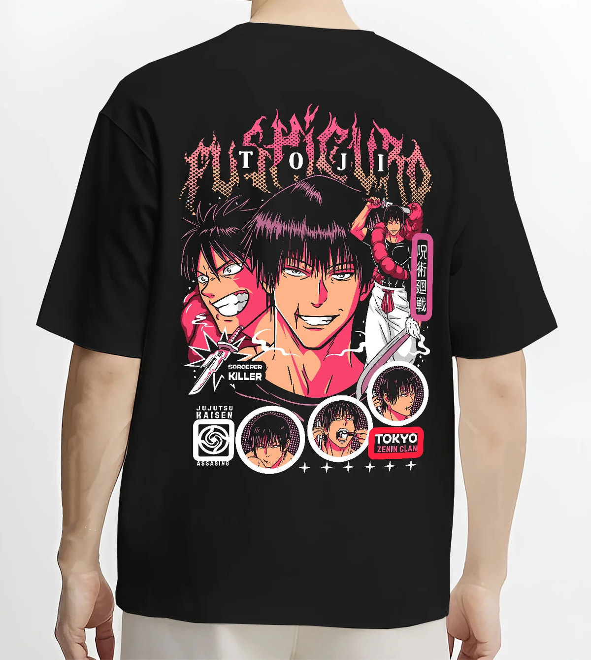 Black T-shirt model back view showing Toji Fushiguro from Jujutsu Kaisen: monochrome and magenta portrait