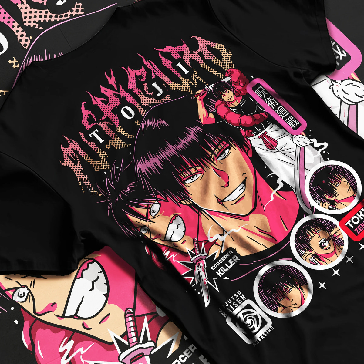 Black T-shirt flat back view showing Toji Fushiguro from Jujutsu Kaisen: monochrome and magenta portrait