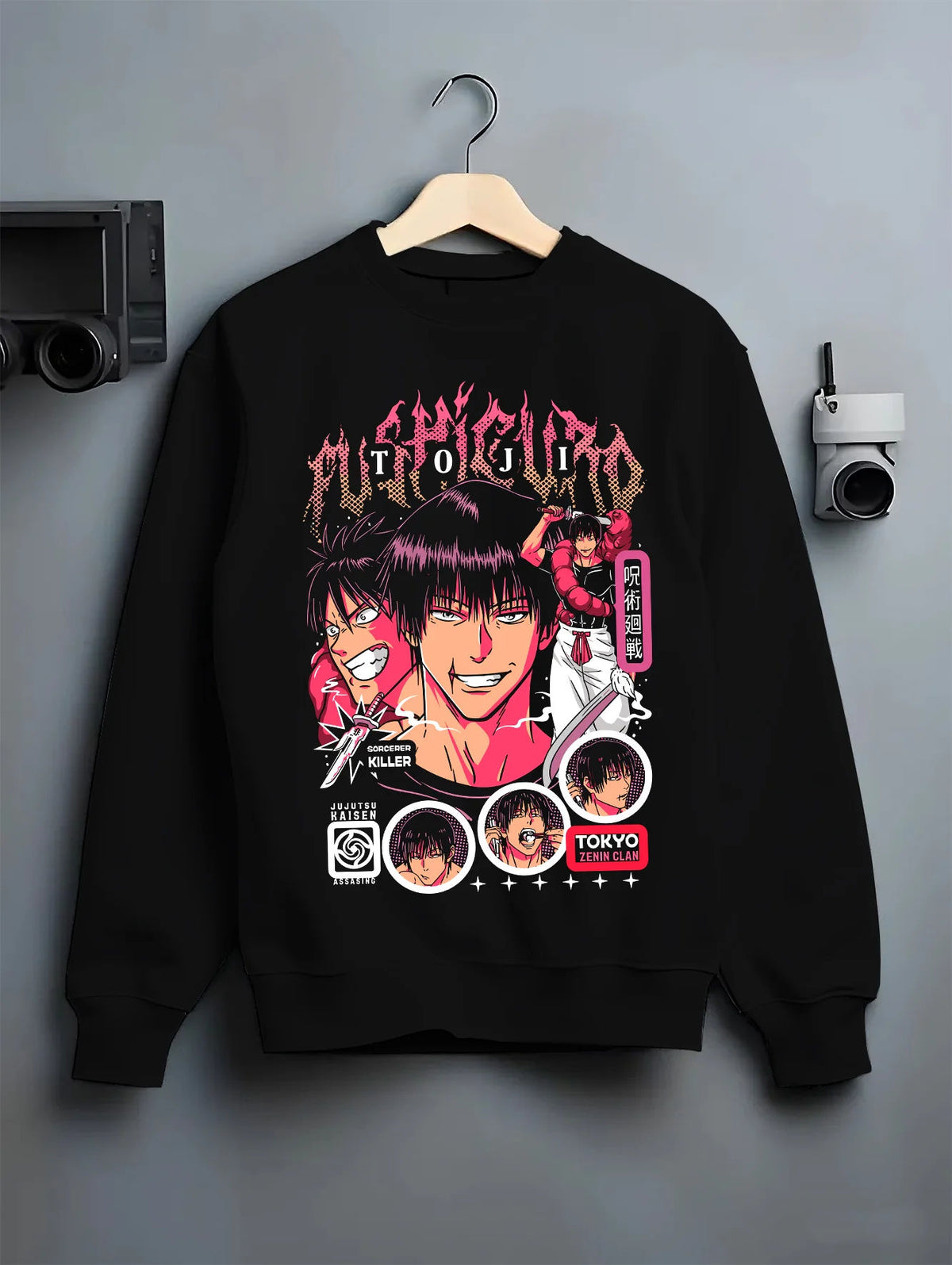 Black crewneck sweatshirt on hanger showing Toji Fushiguro from Jujutsu Kaisen: monochrome and magenta portrait