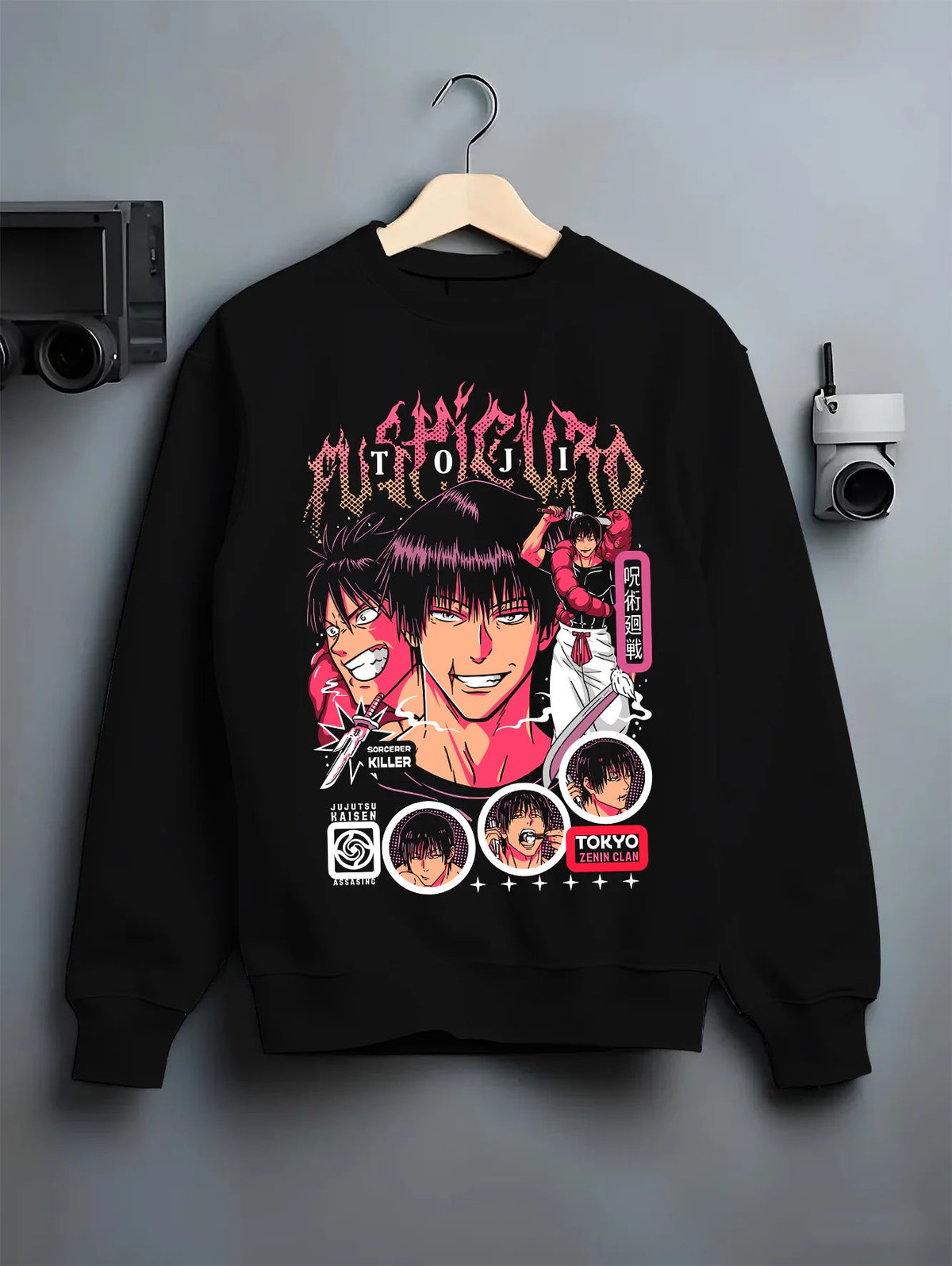 Black crewneck sweatshirt on hanger showing Toji Fushiguro from Jujutsu Kaisen: monochrome and magenta portrait
