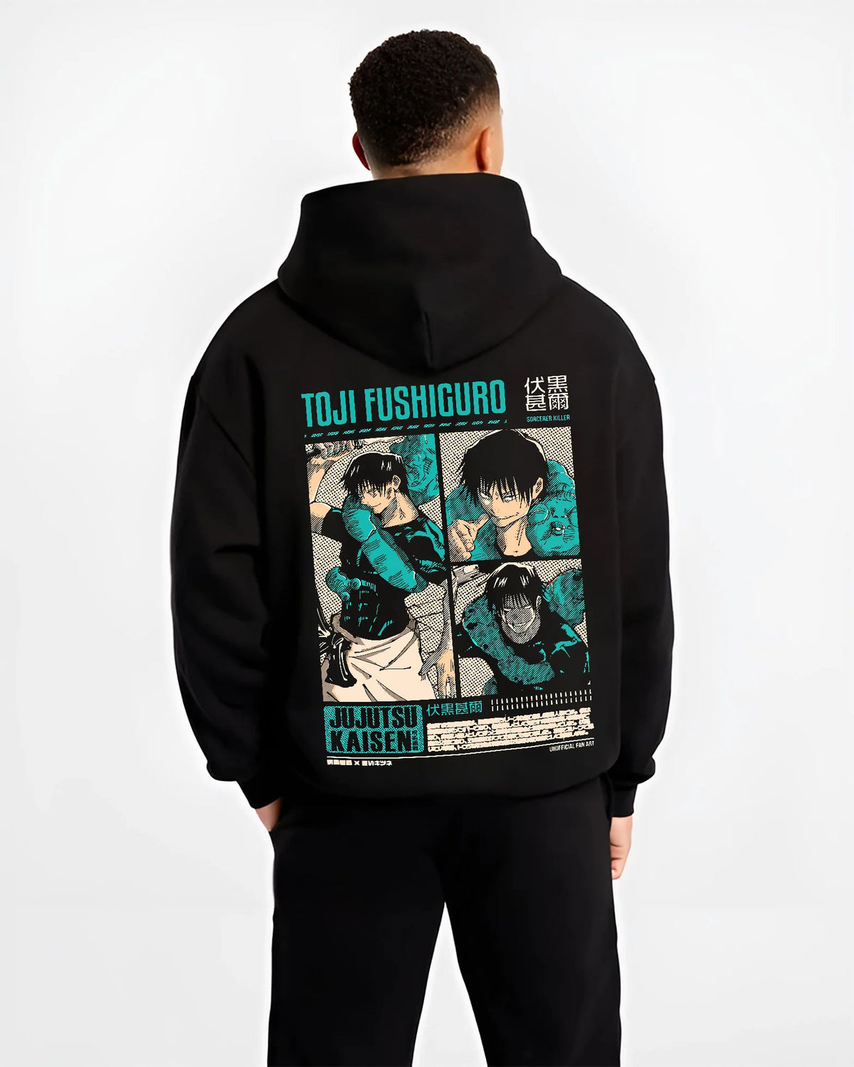 Black hoodie model back view showing Toji Fushiguro from Jujutsu Kaisen: teal black action collage