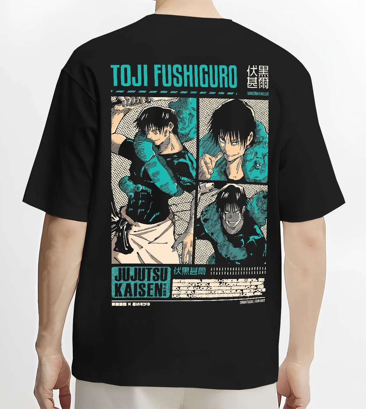 Black T-shirt model back view showing Toji Fushiguro from Jujutsu Kaisen: teal black action collage