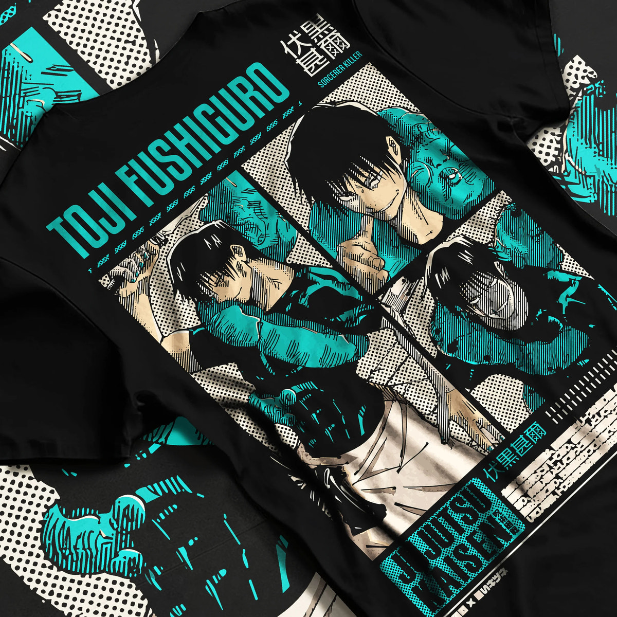 Black T-shirt flat back view showing Toji Fushiguro from Jujutsu Kaisen: teal black action collage