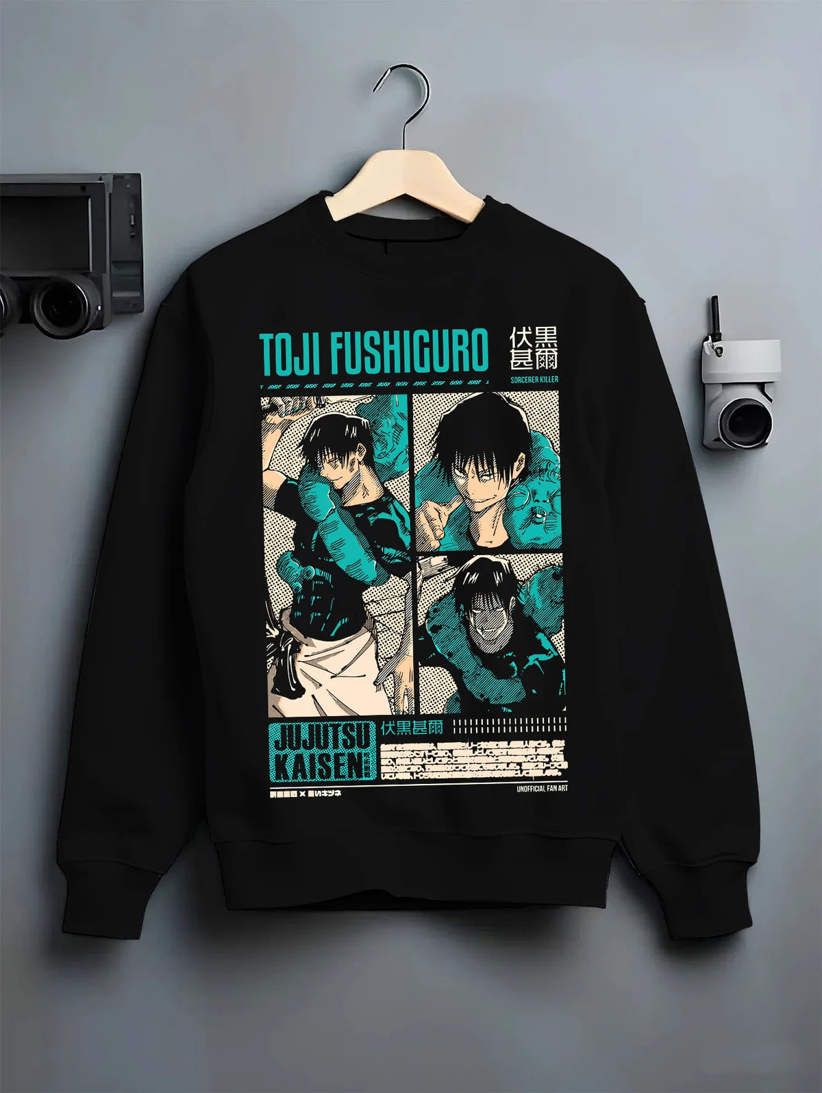 Black crewneck sweatshirt on hanger showing Toji Fushiguro from Jujutsu Kaisen: teal black action collage