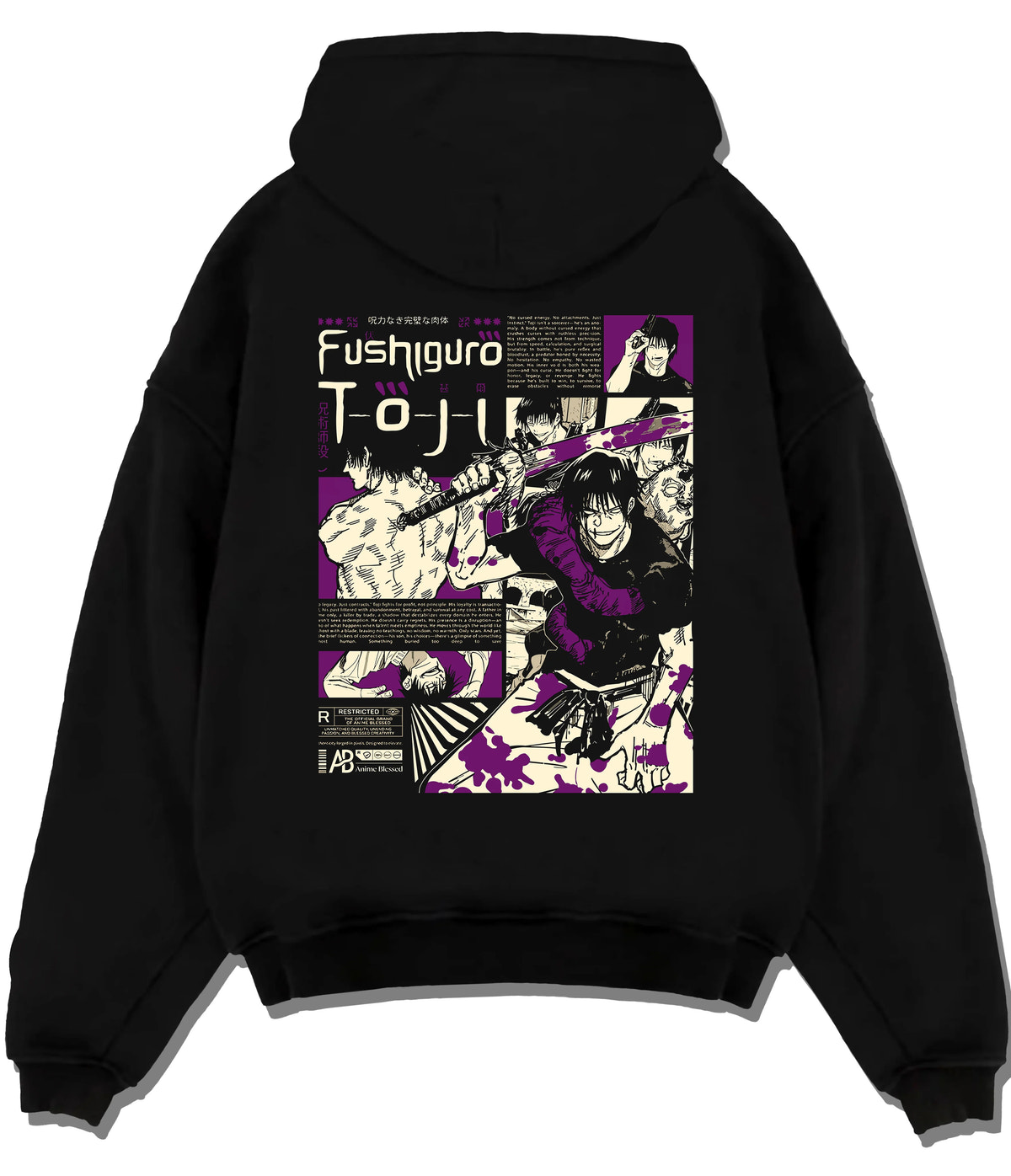 Black hoodie flat back view showing Toji Fushiguro from Jujutsu Kaisen: manga collage