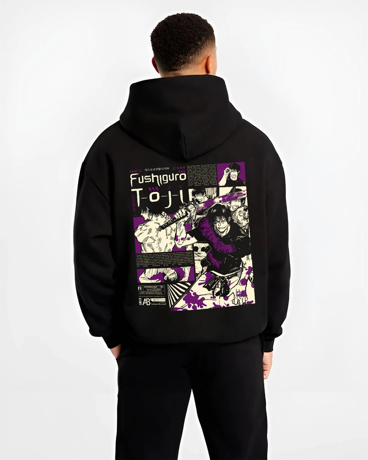 Black hoodie model back view showing Toji Fushiguro from Jujutsu Kaisen: manga collage