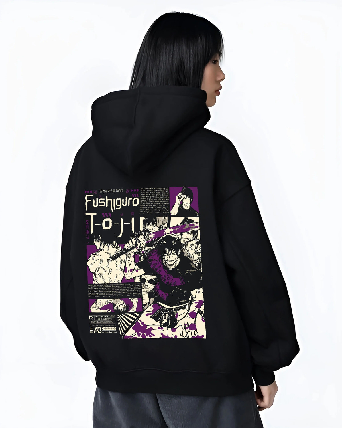 Black hoodie female model back view showing Toji Fushiguro from Jujutsu Kaisen: manga collage