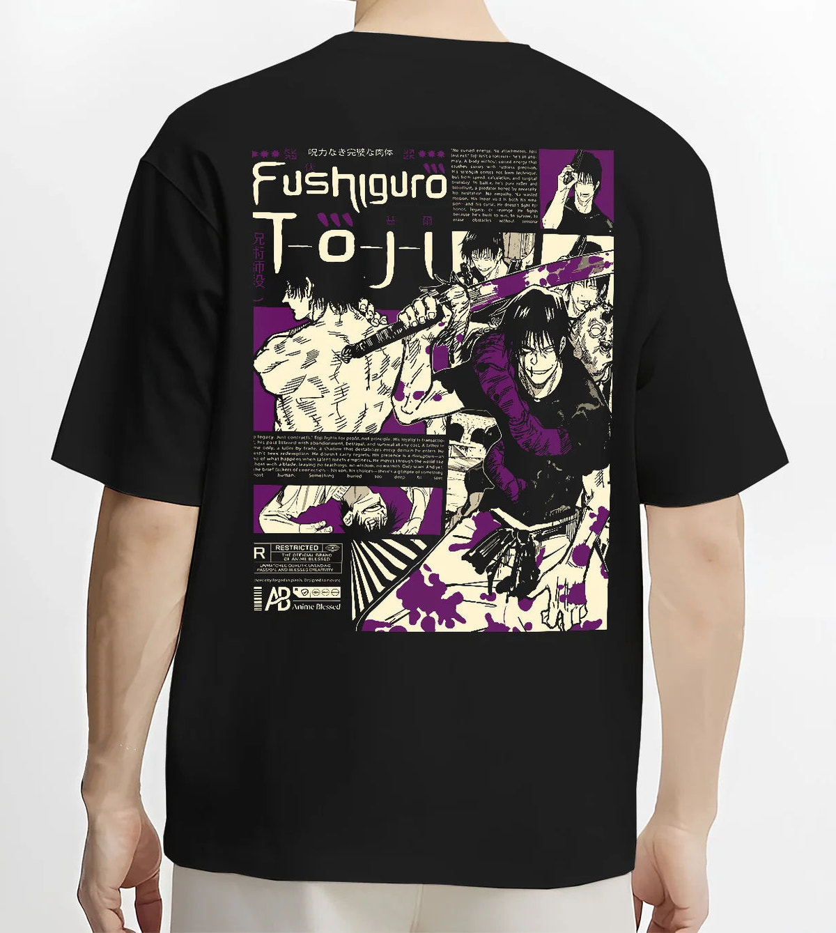 Black T-shirt model back view showing Toji Fushiguro from Jujutsu Kaisen: manga collage