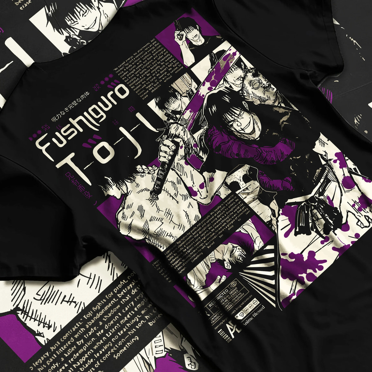 Black T-shirt flat back view showing Toji Fushiguro from Jujutsu Kaisen: manga collage