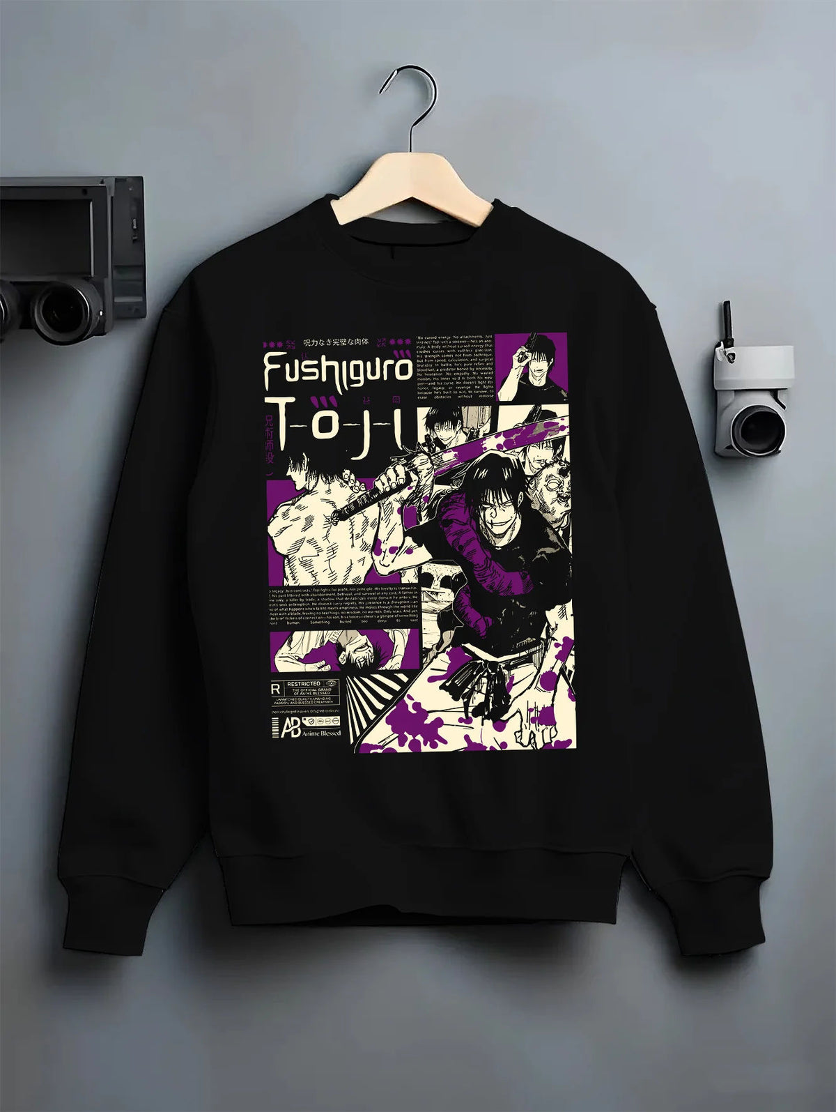 Black crewneck sweatshirt on hanger showing Toji Fushiguro from Jujutsu Kaisen: manga collage