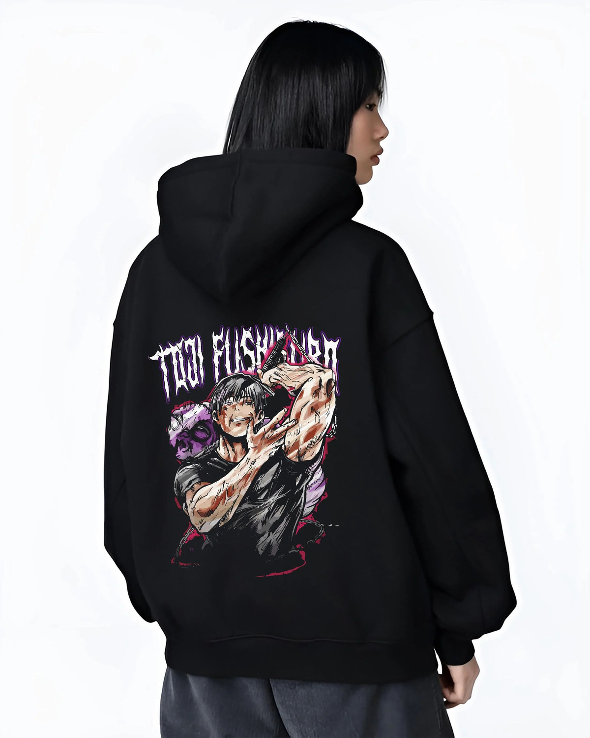 Black hoodie worn by female model from the back featuring Toji Fushiguro Inverted Spear battle Jujutsu Kaisen artwork.