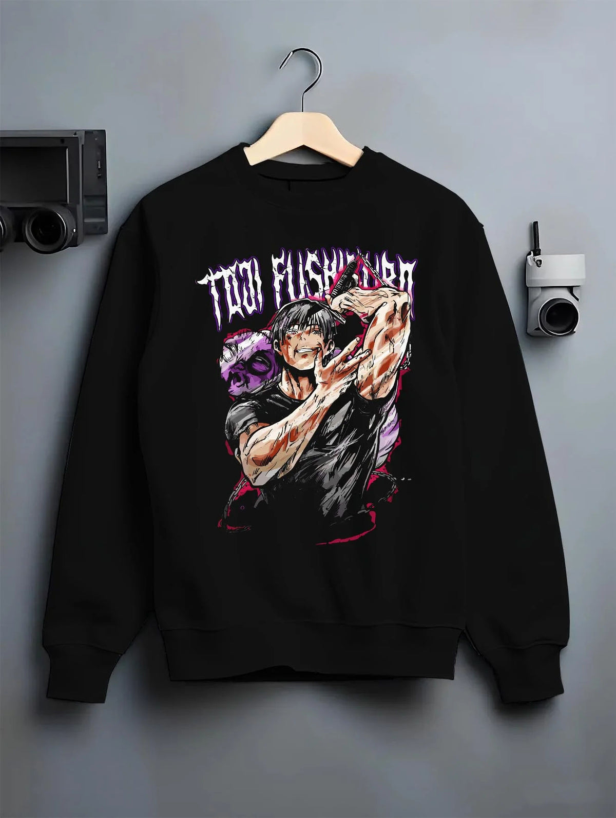 Black crewneck sweatshirt on hanger featuring Toji Fushiguro Inverted Spear battle Jujutsu Kaisen artwork.
