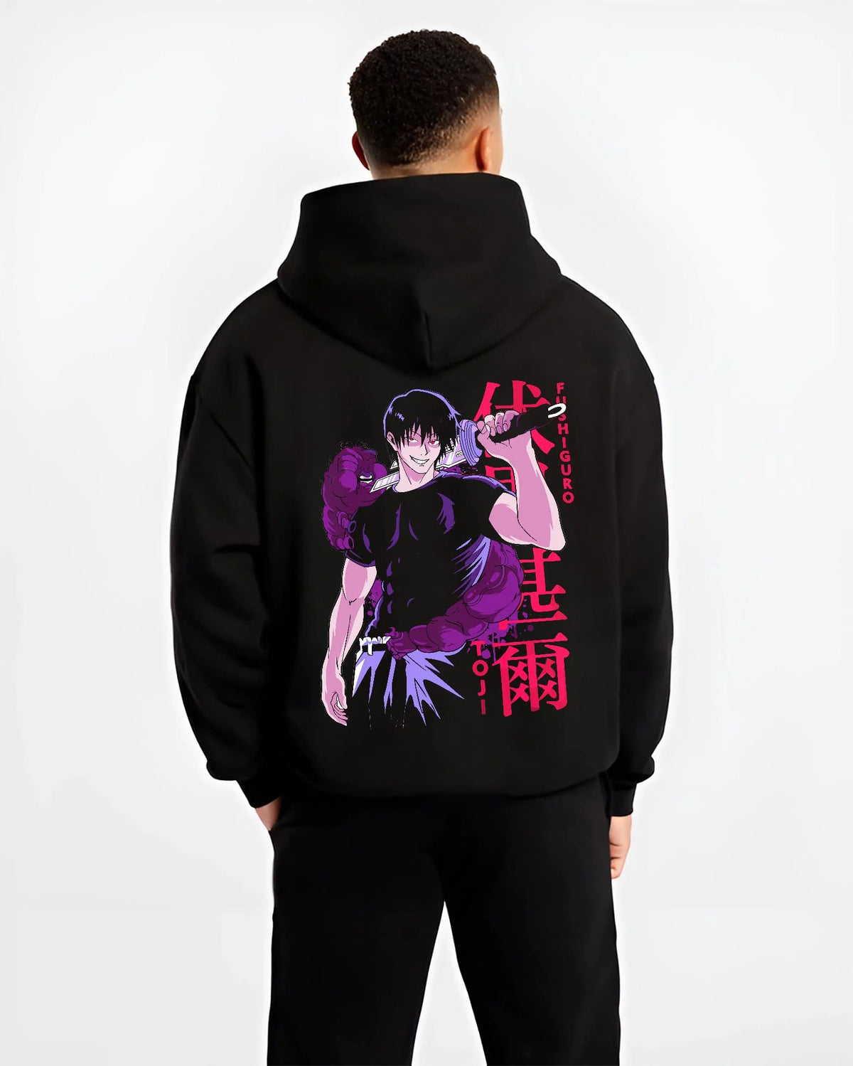 Black hoodie worn by male model from the back featuring Toji Fushiguro Playful Cloud battle Jujutsu Kaisen artwork.
