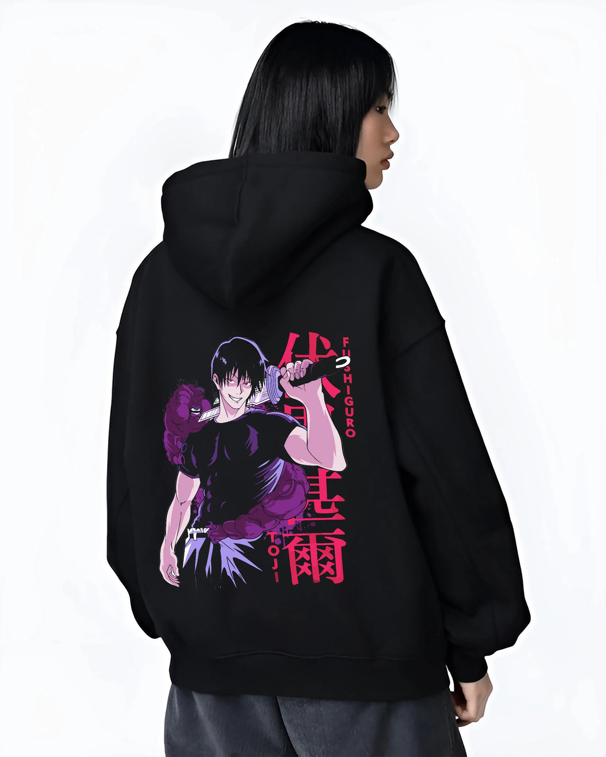 Black hoodie worn by female model from the back featuring Toji Fushiguro Playful Cloud battle Jujutsu Kaisen artwork.