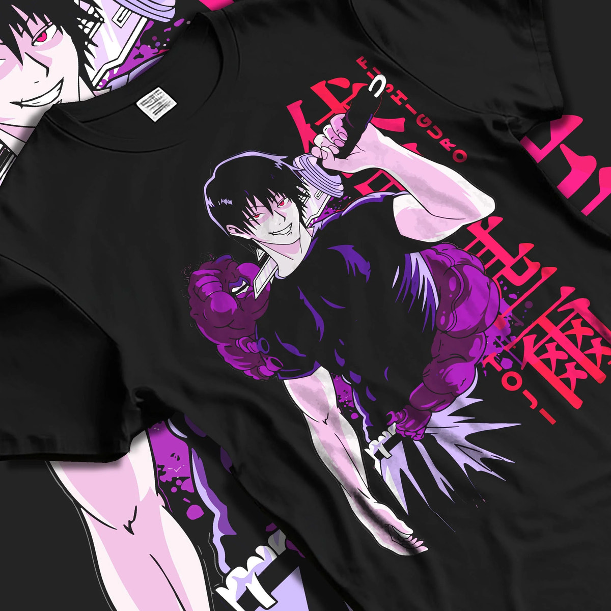 Black T-shirt laid flat with natural folds featuring Toji Fushiguro Playful Cloud battle Jujutsu Kaisen artwork.