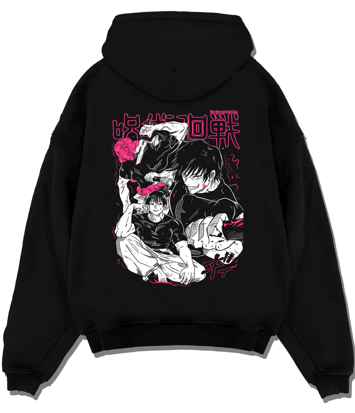 Black hoodie flat back view with Toji Fushiguro versus Satoru Gojo from Jujutsu Kaisen illustrated back graphic
