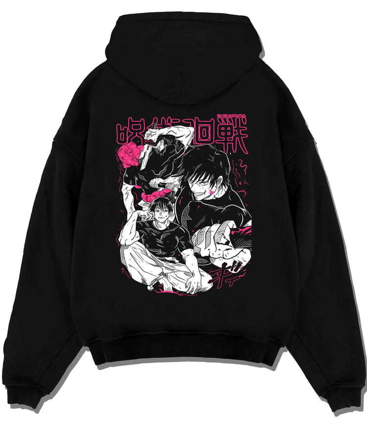 Black hoodie flat back view with Toji Fushiguro versus Satoru Gojo from Jujutsu Kaisen illustrated back graphic