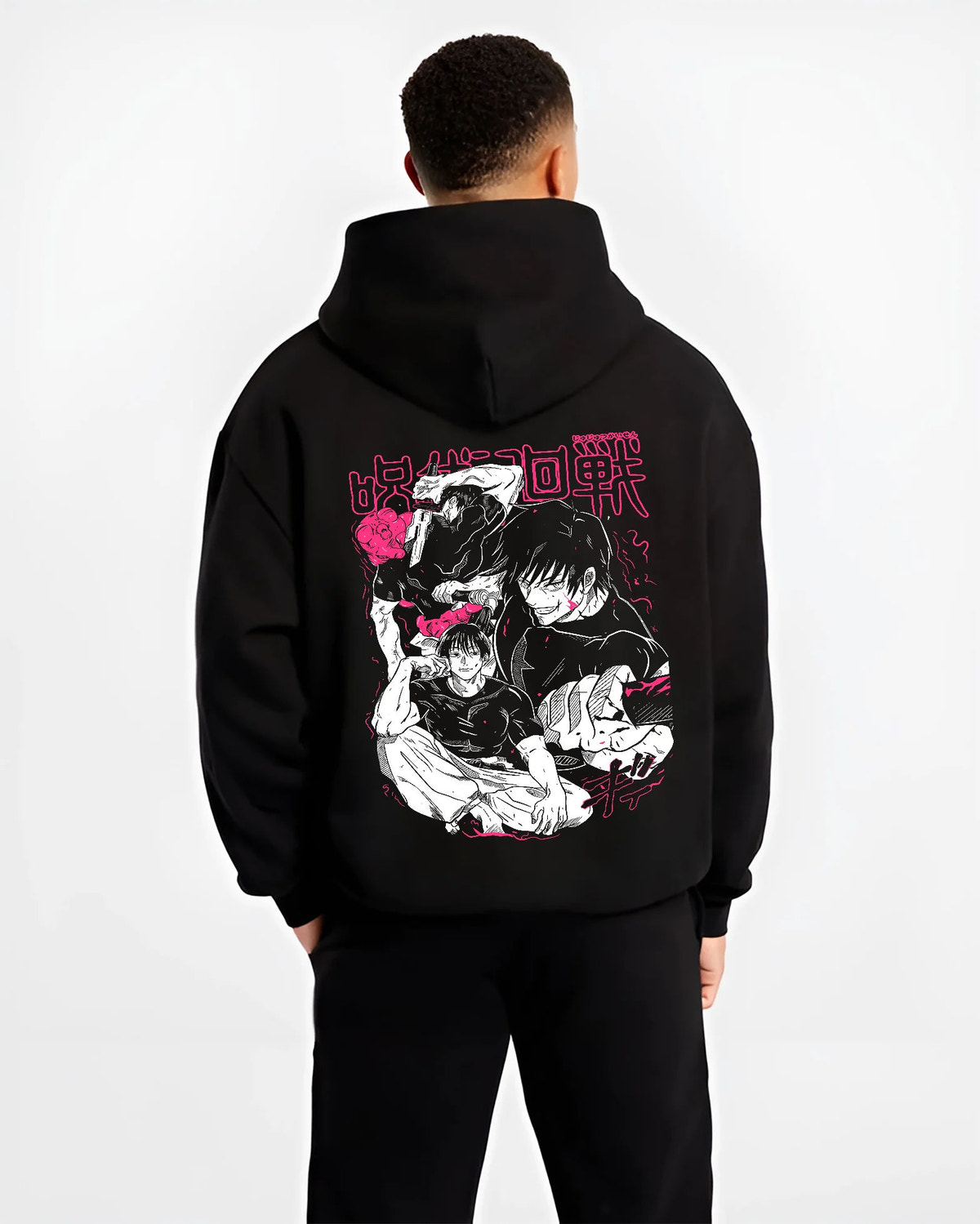 Black hoodie model back view with Toji Fushiguro versus Satoru Gojo from Jujutsu Kaisen illustrated back graphic