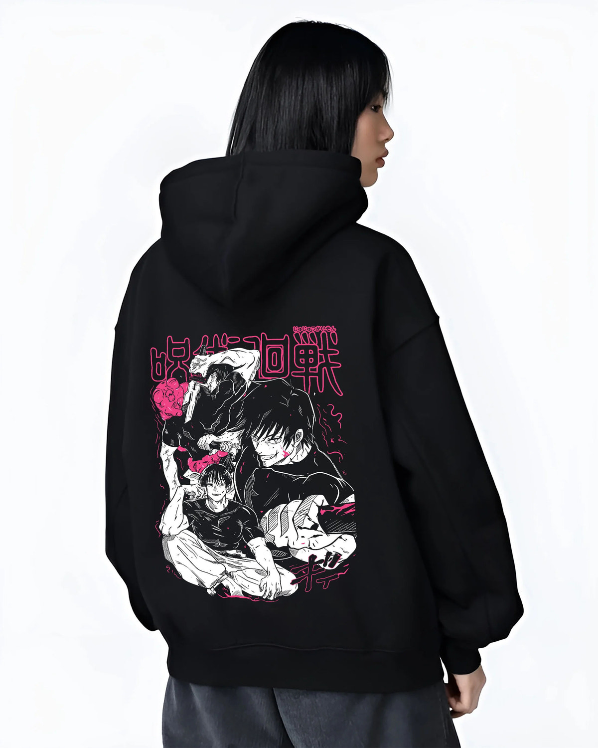 Black hoodie female model back view with Toji Fushiguro versus Satoru Gojo from Jujutsu Kaisen illustrated back graphic