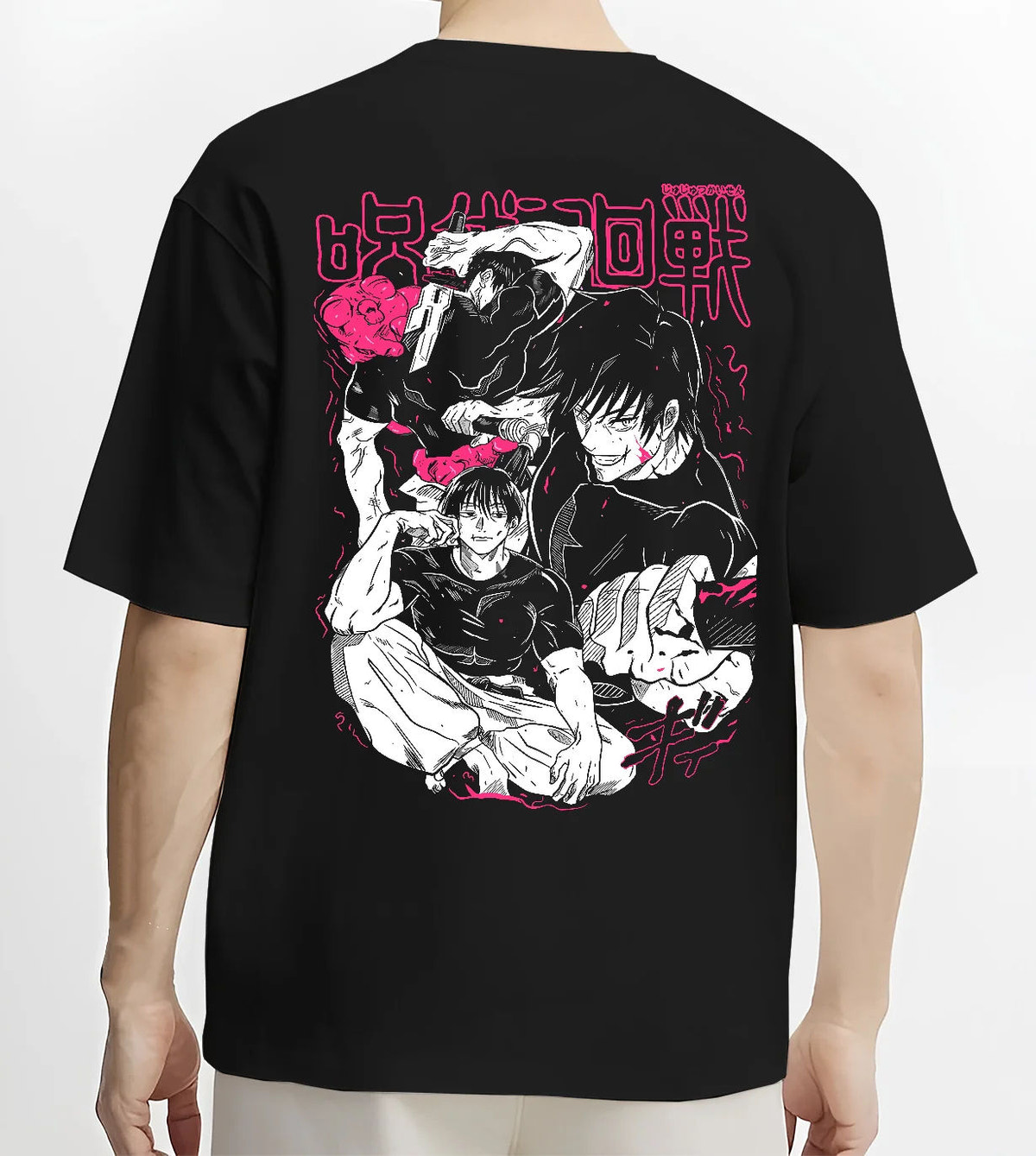 Black T-shirt model back view with Toji Fushiguro versus Satoru Gojo from Jujutsu Kaisen illustrated back graphic