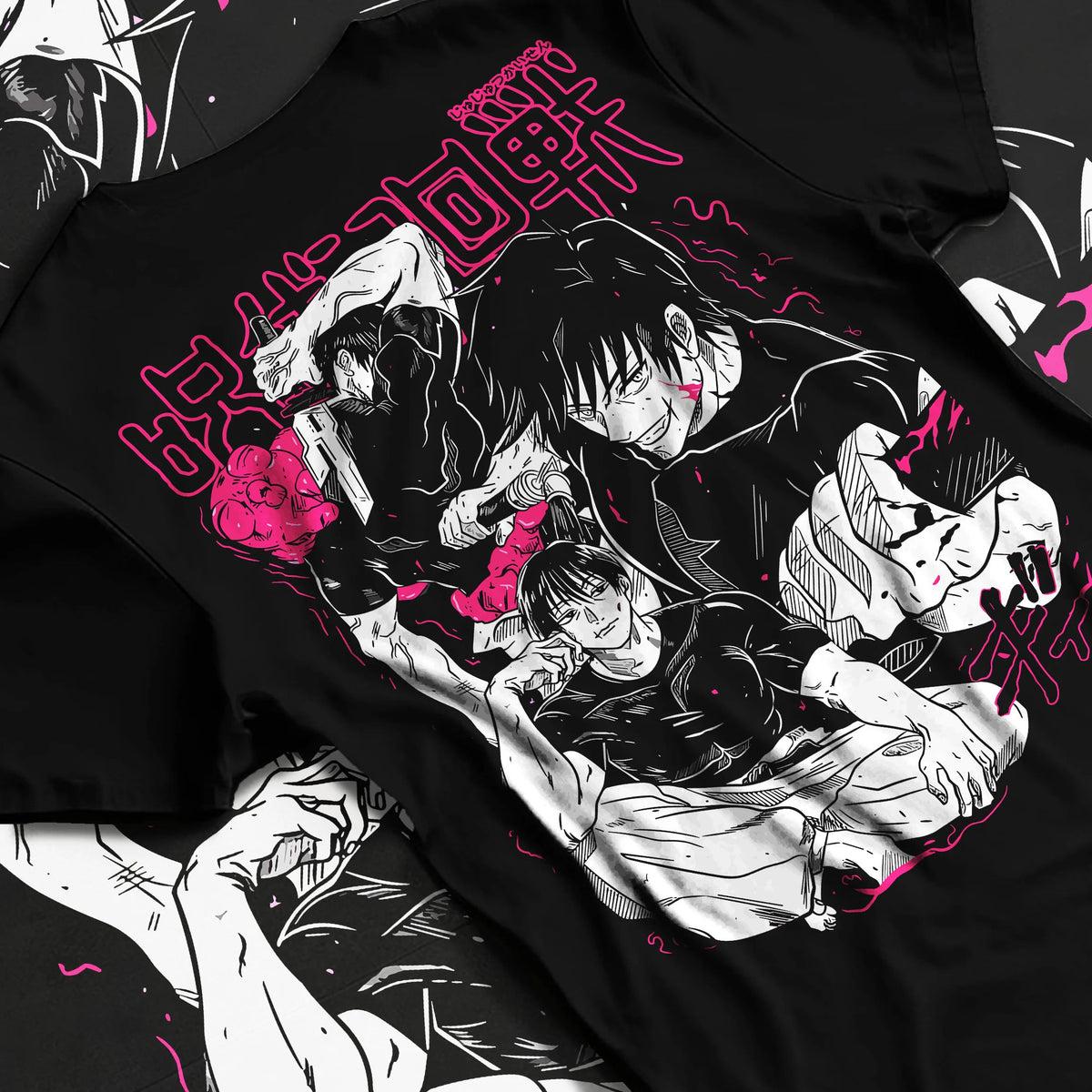 Black T-shirt flat back view with Toji Fushiguro versus Satoru Gojo from Jujutsu Kaisen illustrated back graphic