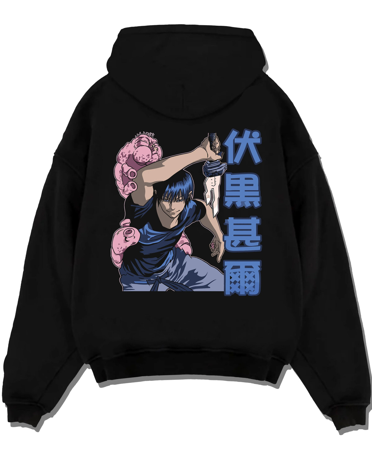 Black hoodie laid flat featuring Toji Fushiguro Inverted Spear power Jujutsu Kaisen artwork.