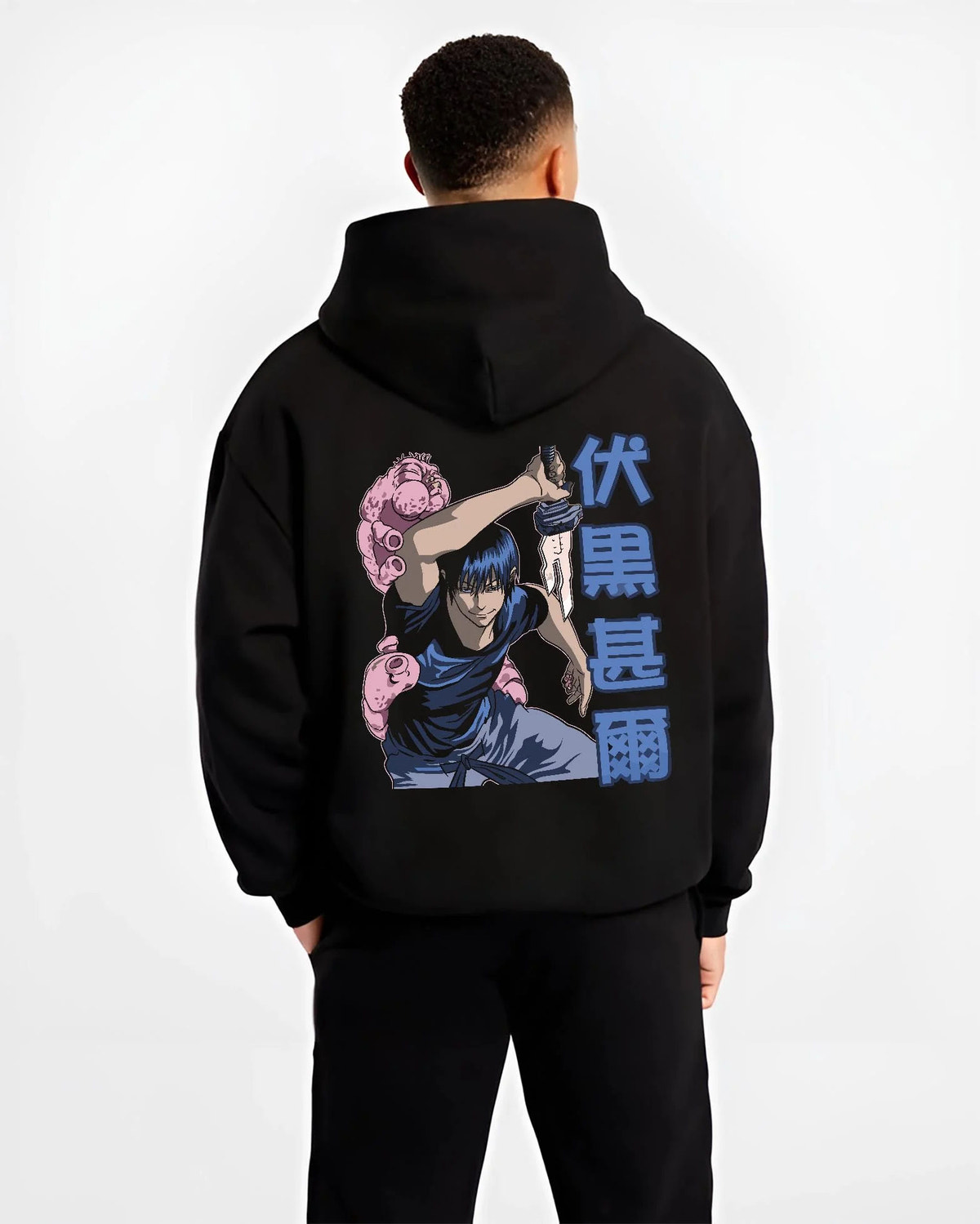 Black hoodie worn by male model from the back featuring Toji Fushiguro Inverted Spear power Jujutsu Kaisen artwork.