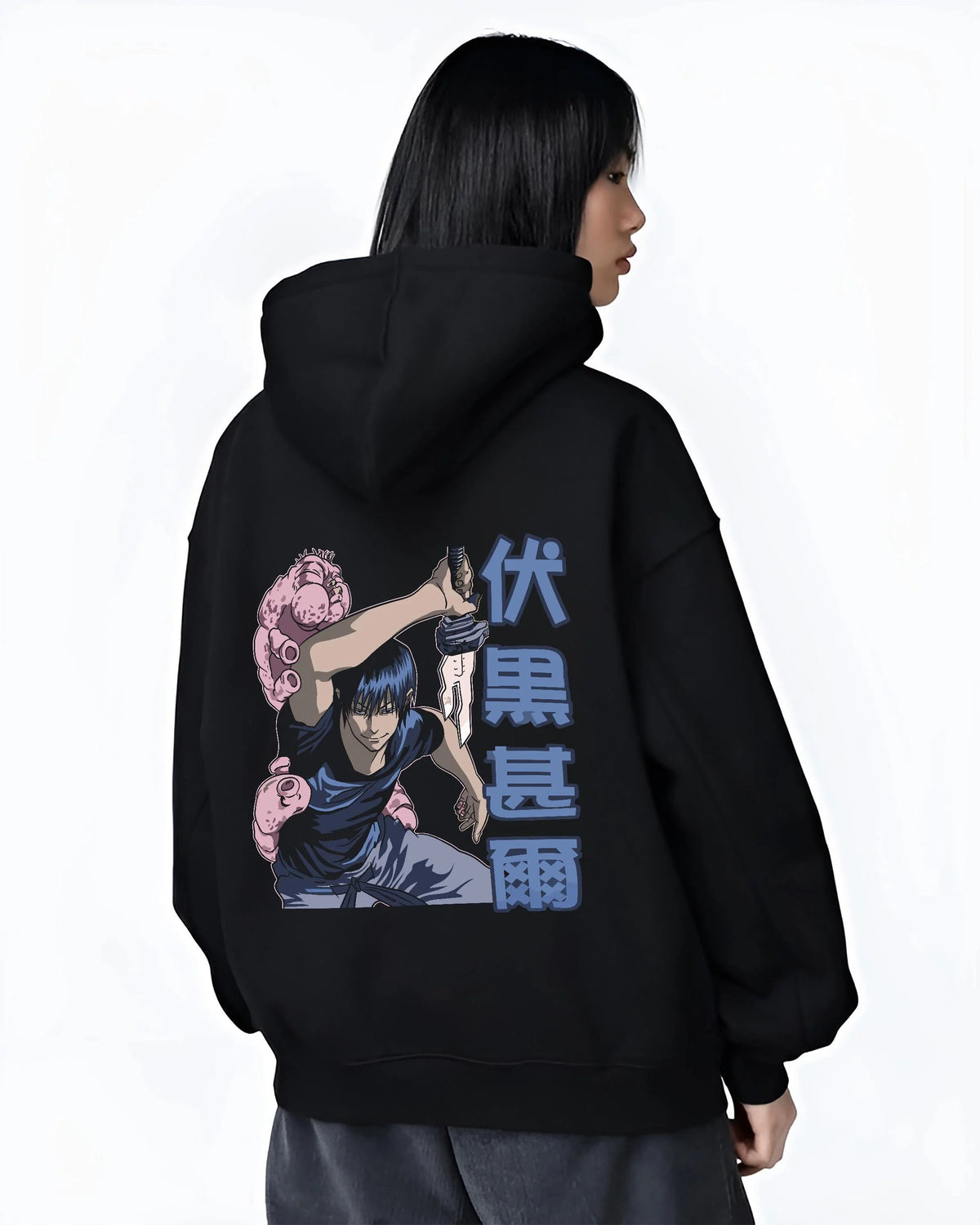 Black hoodie worn by female model from the back featuring Toji Fushiguro Inverted Spear power Jujutsu Kaisen artwork.