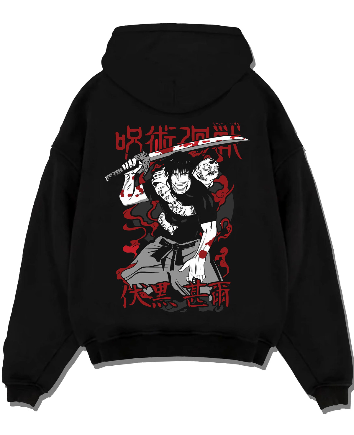 Black hoodie laid flat featuring Toji Fushiguro Sorcerer Killer portrait Jujutsu Kaisen artwork.
