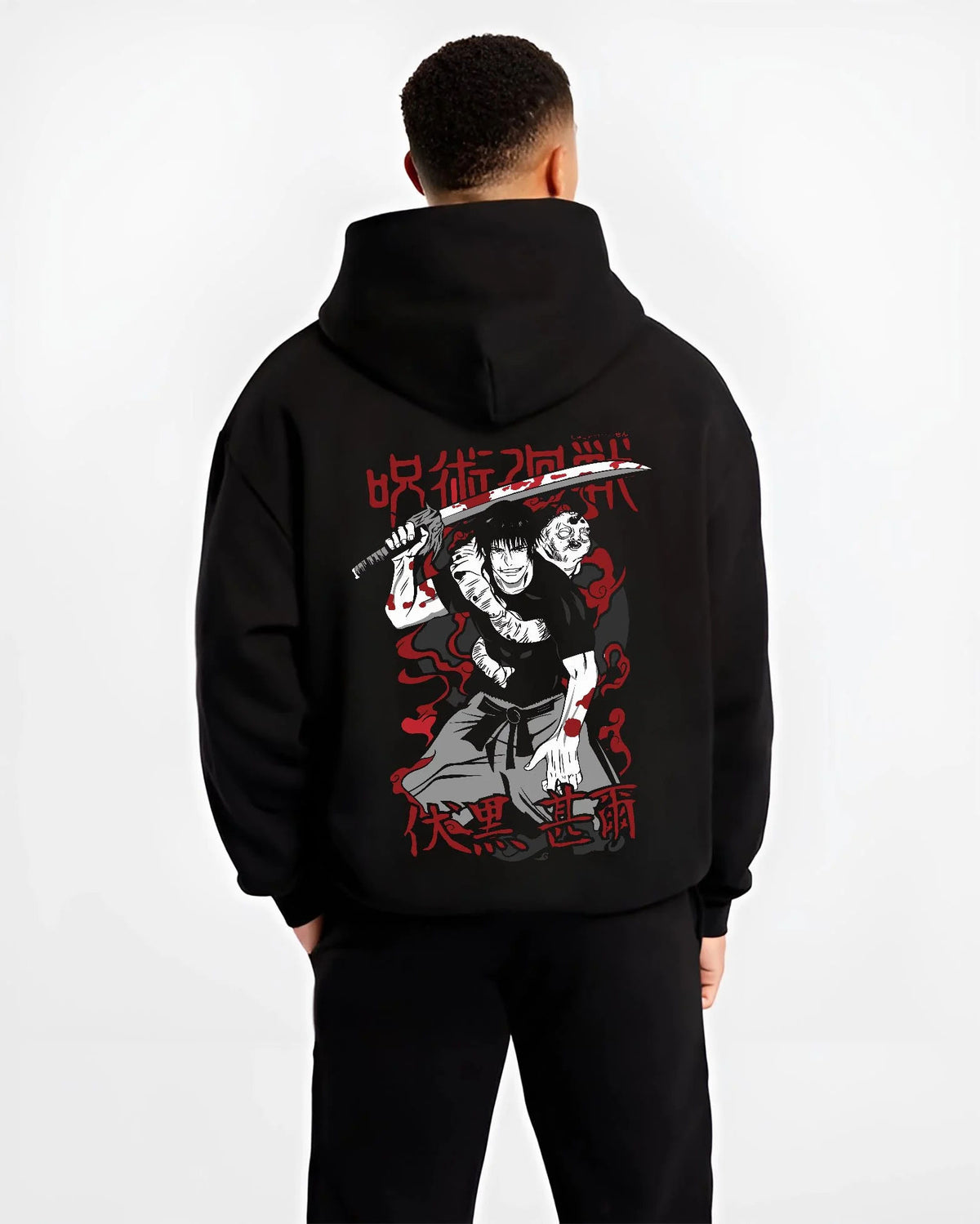 Black hoodie worn by male model from the back featuring Toji Fushiguro Sorcerer Killer portrait Jujutsu Kaisen artwork.