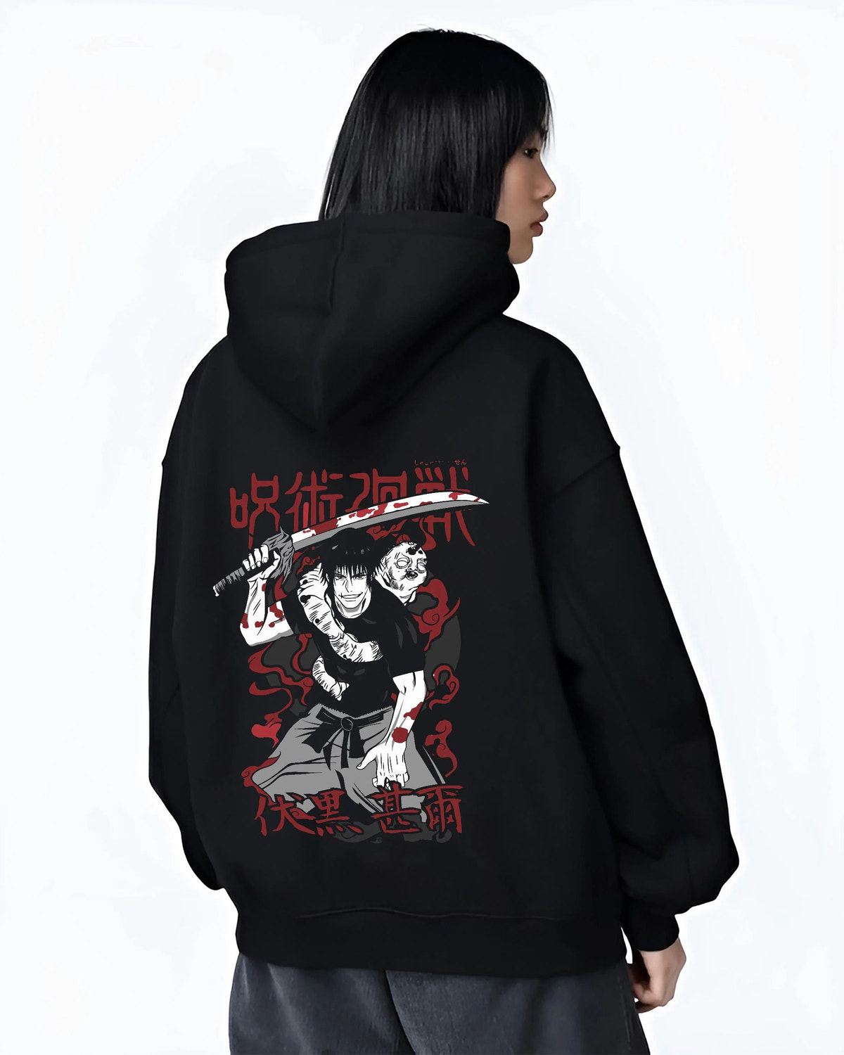 Black hoodie worn by female model from the back featuring Toji Fushiguro Sorcerer Killer portrait Jujutsu Kaisen artwork.