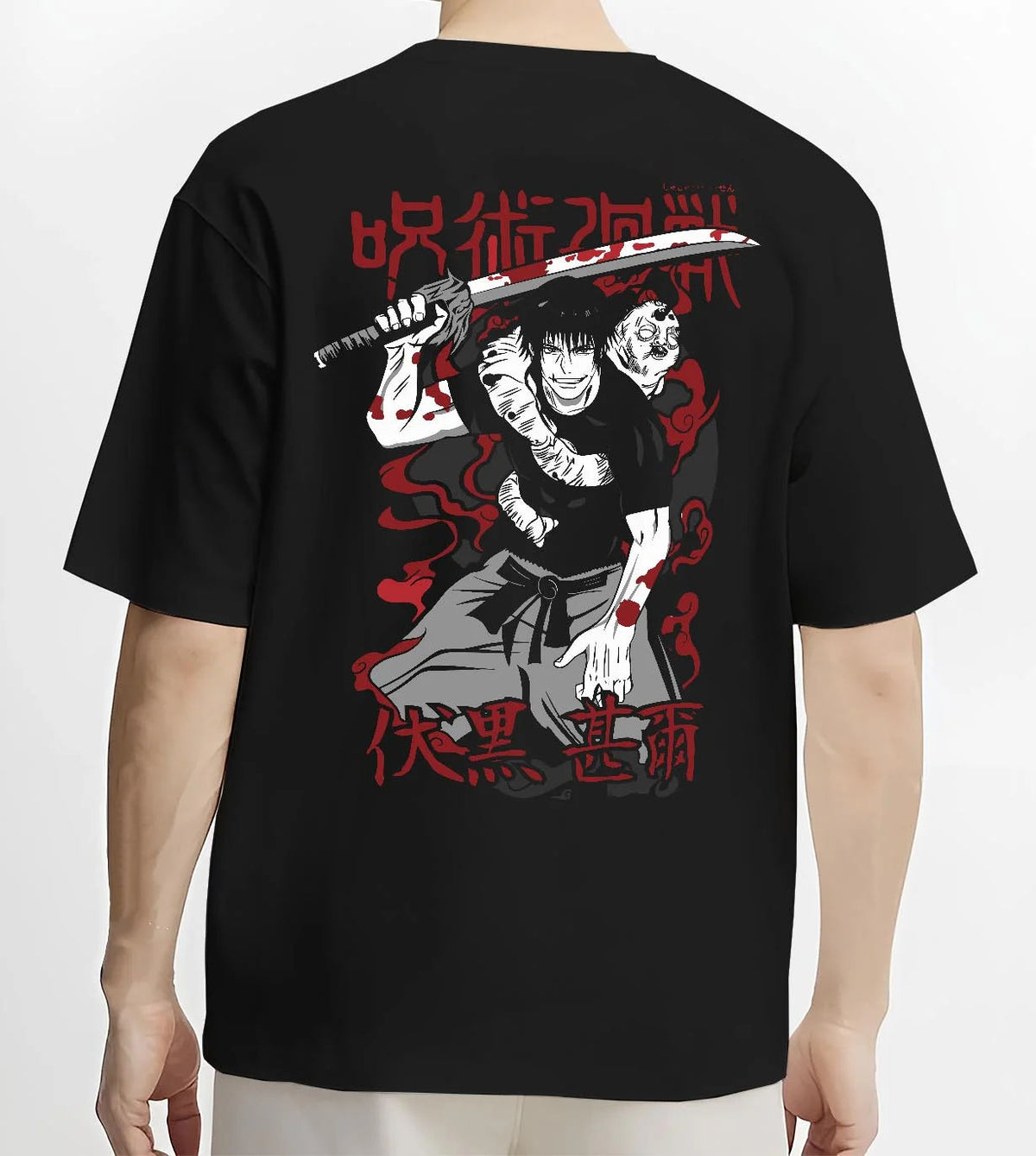 Black T-shirt worn by male model from the back featuring Toji Fushiguro Sorcerer Killer portrait Jujutsu Kaisen artwork.