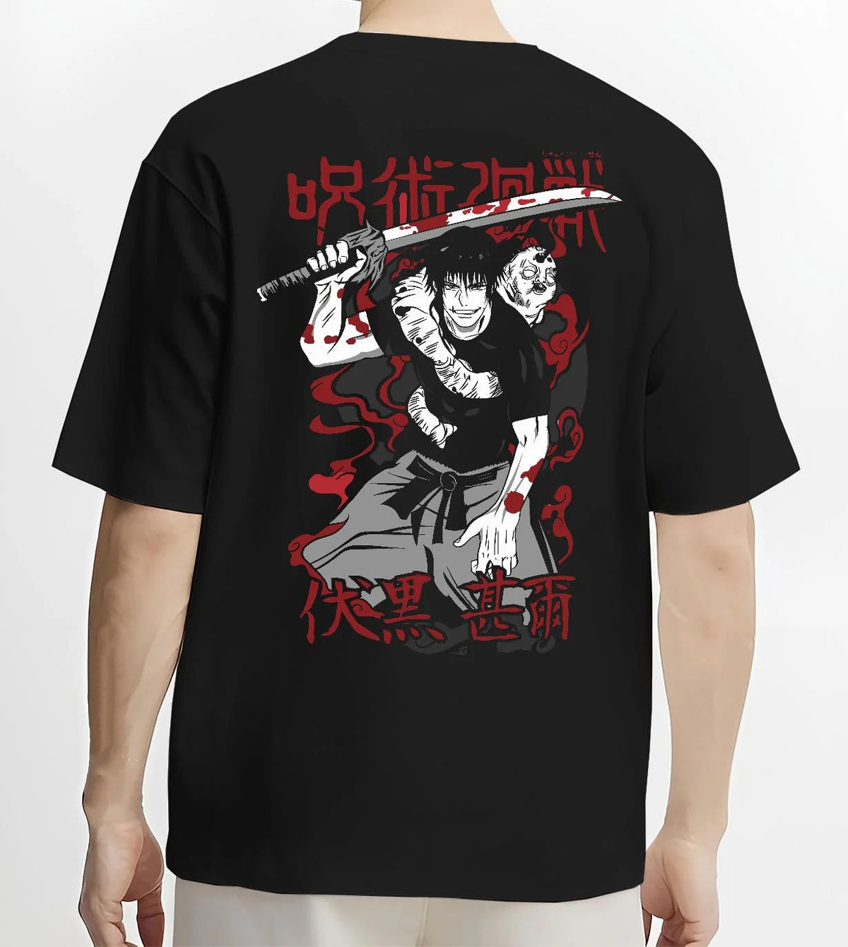 Black T-shirt worn by male model from the back featuring Toji Fushiguro Sorcerer Killer portrait Jujutsu Kaisen artwork.